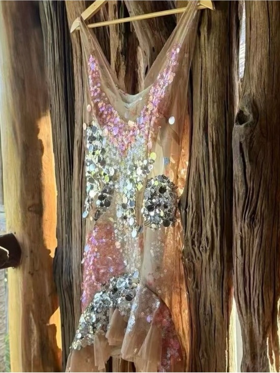 no brand Dresses & Skirts - Vintage Sequin Mesh Sheer Slip Dress in Nude with Iridescent Discs